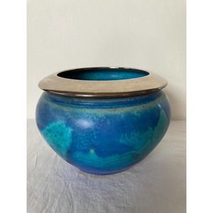 Vintage Handmade Studio Pottery Blue Round Circular Vase Signed Silver Band Rim